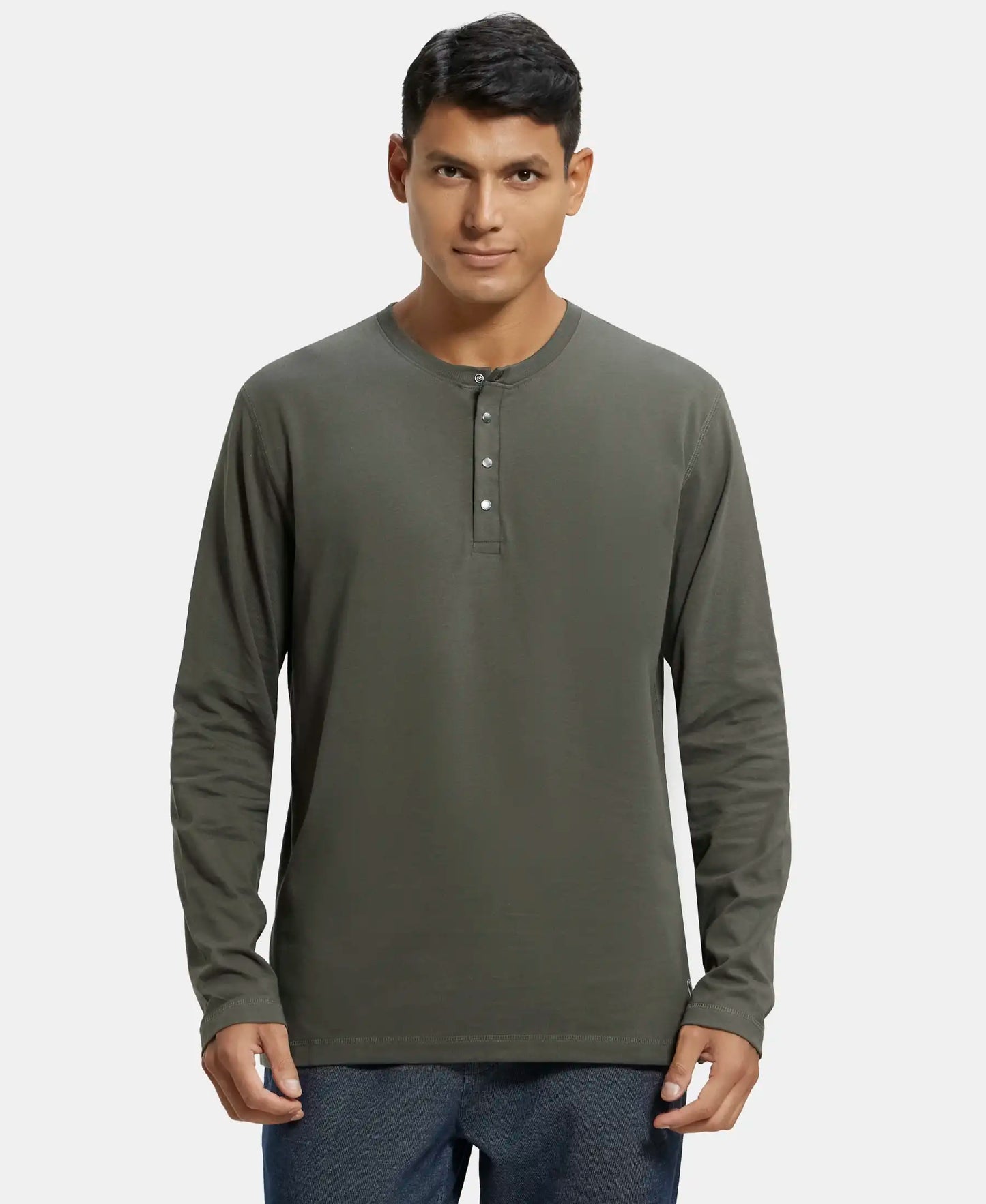 Super Combed Cotton Rich Solid Full Sleeve Henley T-Shirt - Deep Olive-1