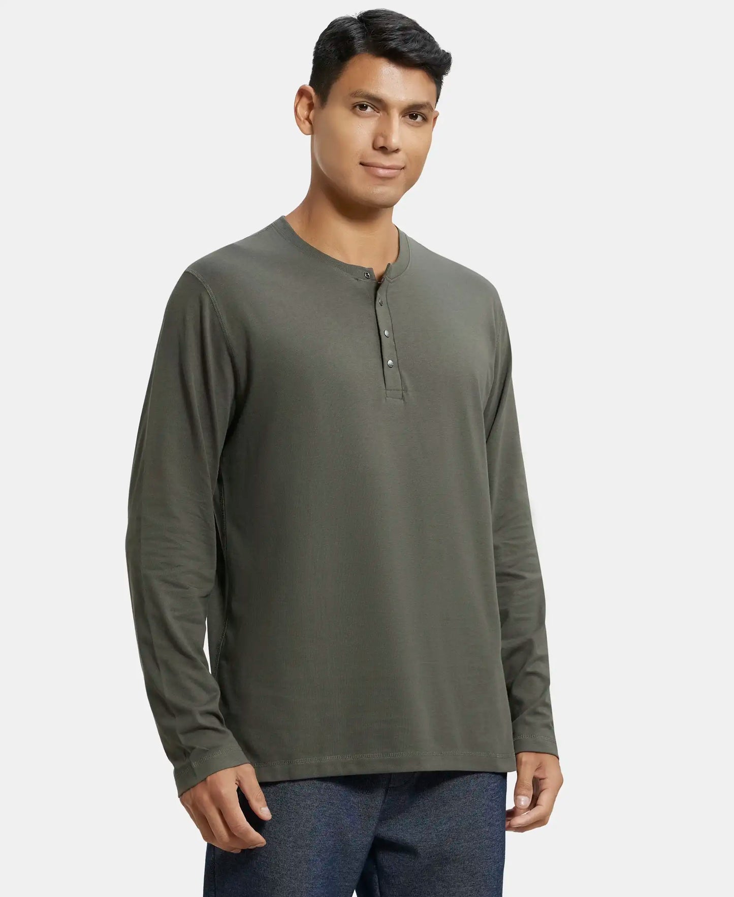 Super Combed Cotton Rich Solid Full Sleeve Henley T-Shirt - Deep Olive-2
