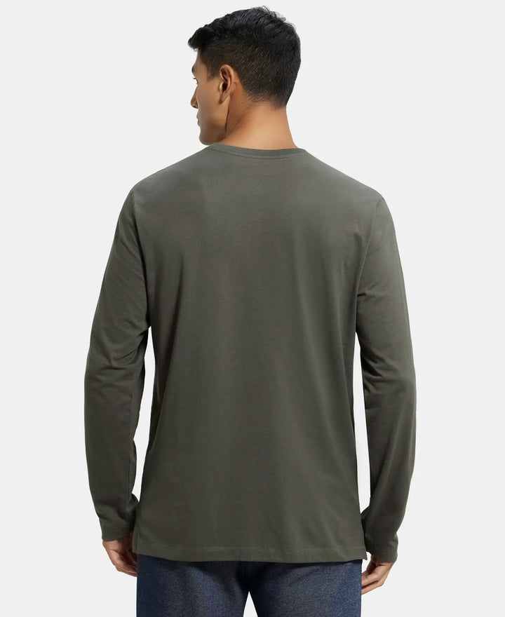 Super Combed Cotton Rich Solid Full Sleeve Henley T-Shirt - Deep Olive-3