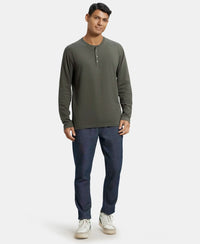 Super Combed Cotton Rich Solid Full Sleeve Henley T-Shirt - Deep Olive-4