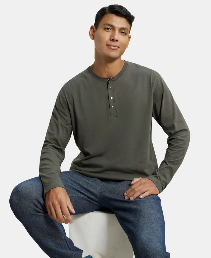 Super Combed Cotton Rich Solid Full Sleeve Henley T-Shirt - Deep Olive-5