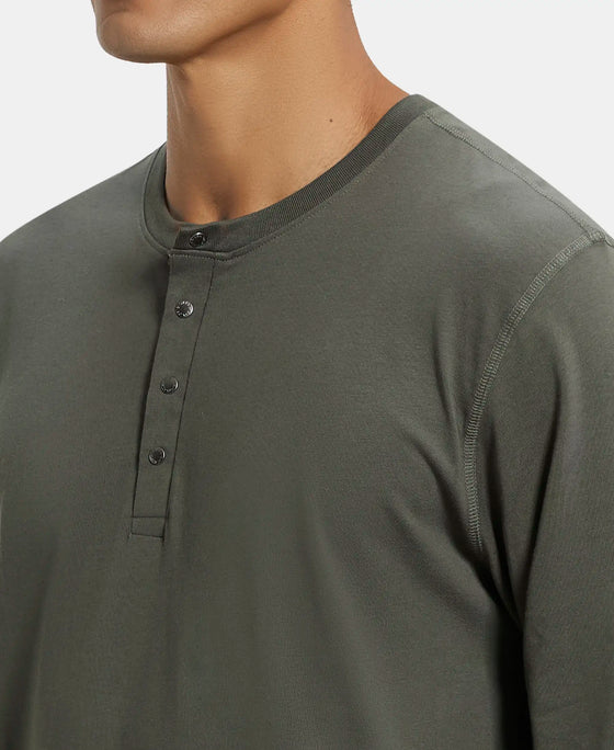 Super Combed Cotton Rich Solid Full Sleeve Henley T-Shirt - Deep Olive-6