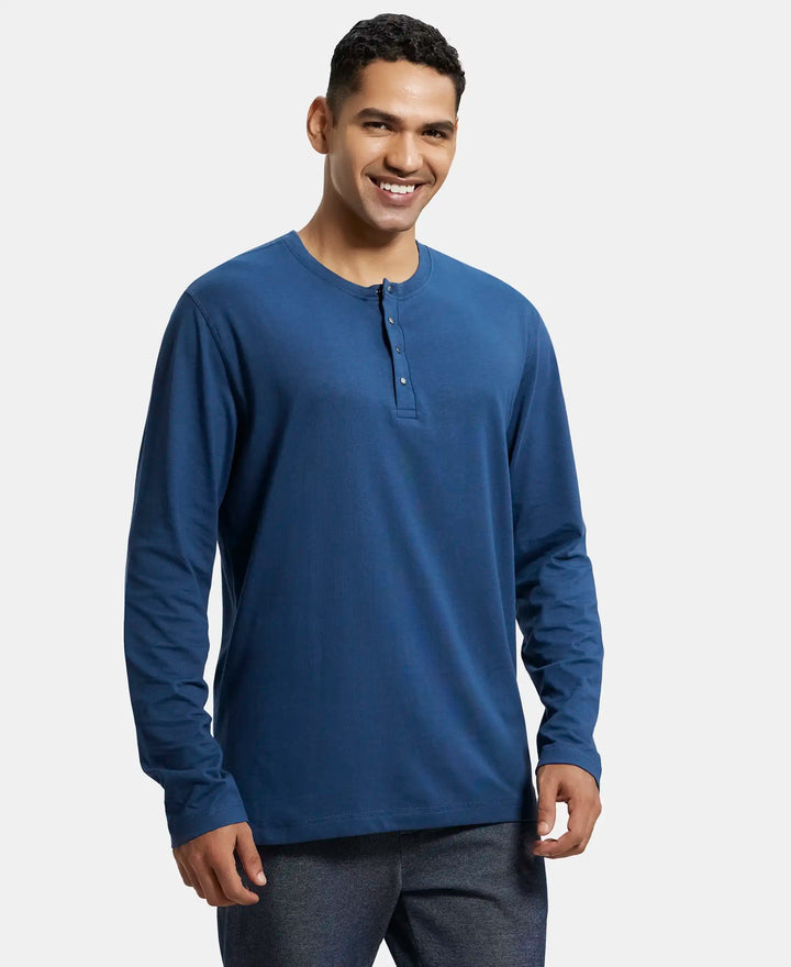 Super Combed Cotton Rich Solid Full Sleeve Henley T-Shirt - Insignia Blue-2