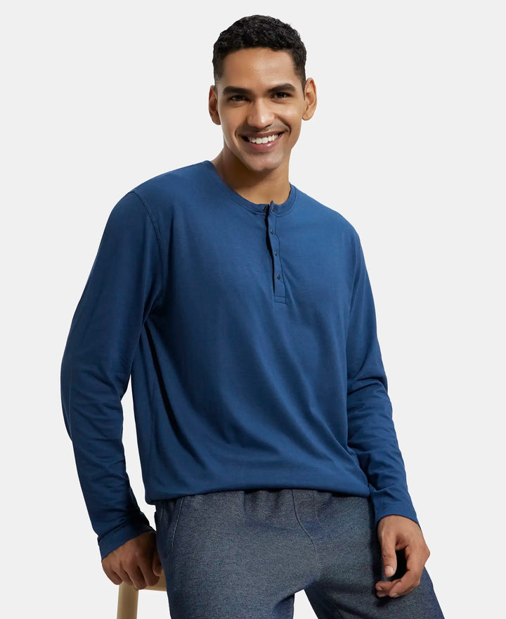 Super Combed Cotton Rich Solid Full Sleeve Henley T-Shirt - Insignia Blue-5