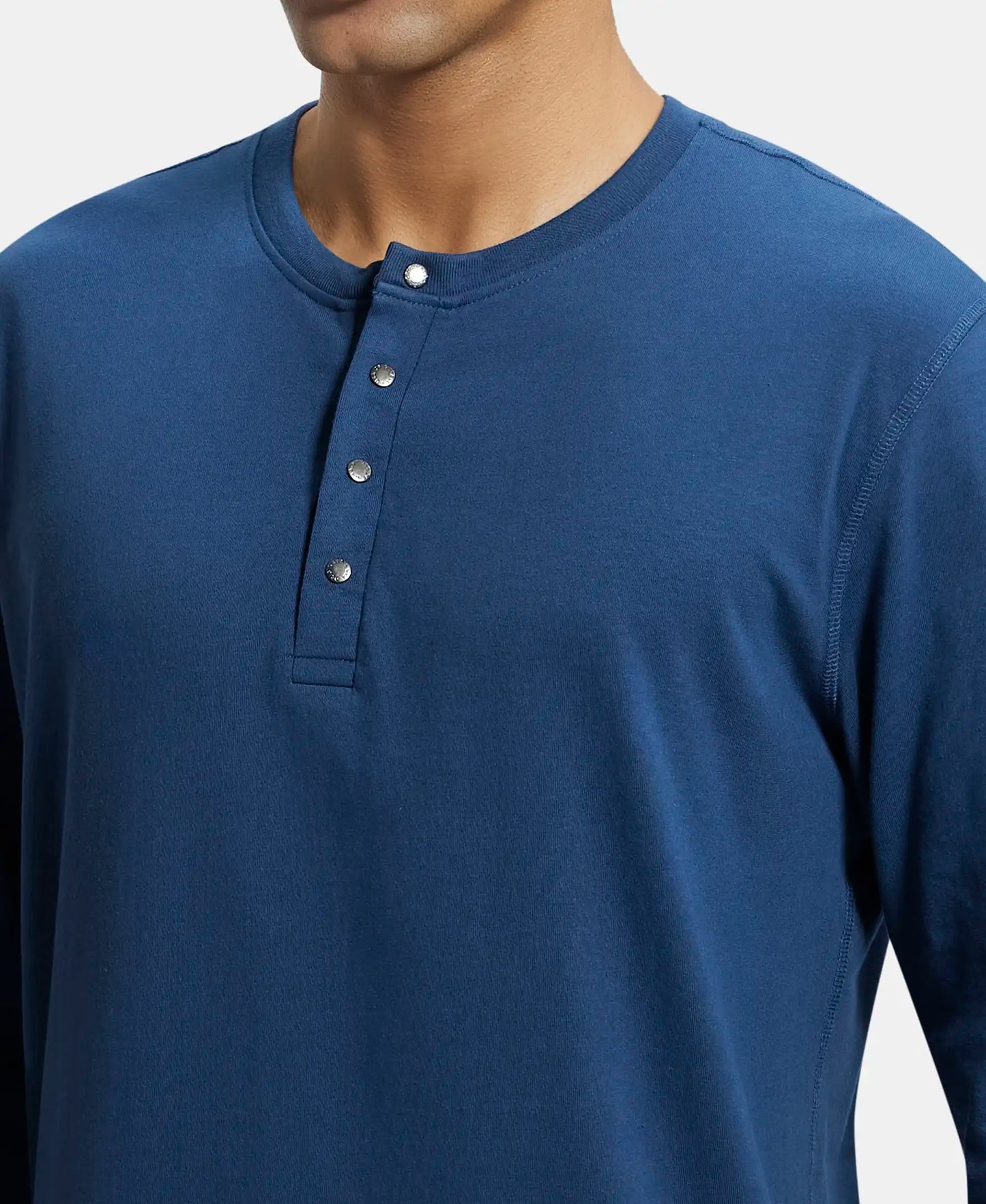 Super Combed Cotton Rich Solid Full Sleeve Henley T-Shirt - Insignia Blue-6