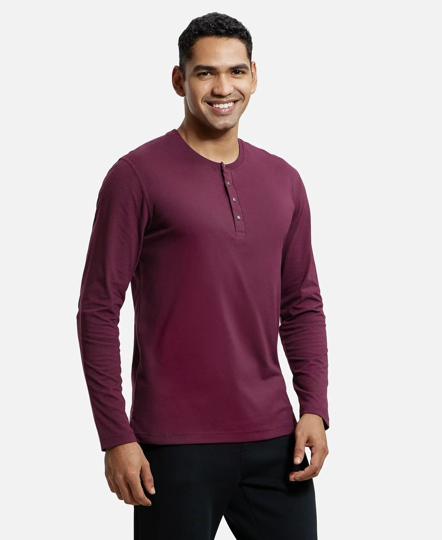 Super Combed Cotton Rich Solid Full Sleeve Henley T-Shirt - Wine Tasting-2