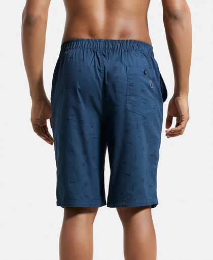 Super Combed Mercerized Cotton Woven Fabric Bermuda with Side Pockets - Insignia Blue Printed-3