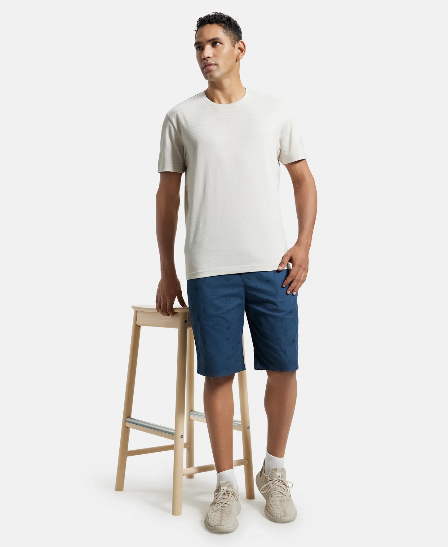 Super Combed Mercerized Cotton Woven Fabric Bermuda with Side Pockets - Insignia Blue Printed-6