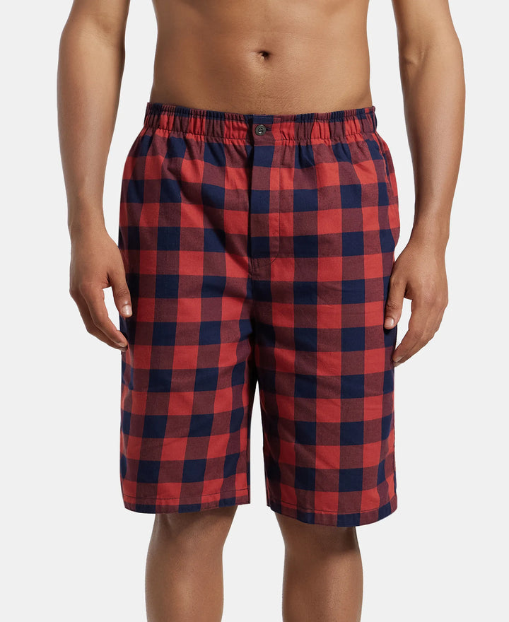 Super Combed Mercerized Cotton Woven Fabric Bermuda with Side Pockets - Navy & Red Orchid-1