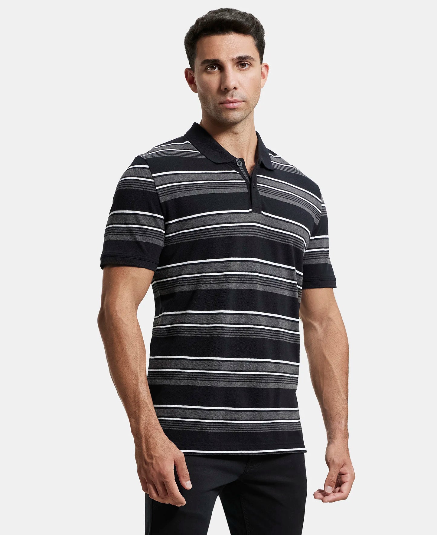 Super Combed Cotton Rich Striped Polo T-Shirt - Black & Charcoal Melange-2