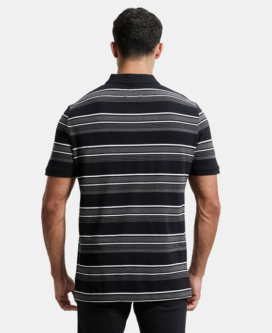 Super Combed Cotton Rich Striped Polo T-Shirt - Black & Charcoal Melange-3