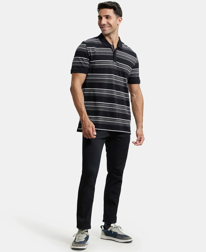 Super Combed Cotton Rich Striped Polo T-Shirt - Black & Charcoal Melange-4