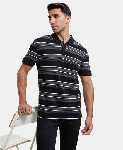 Super Combed Cotton Rich Striped Polo T-Shirt - Black & Charcoal Melange-5