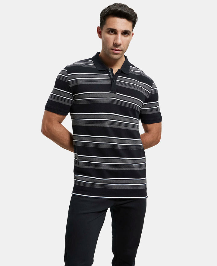 Super Combed Cotton Rich Striped Polo T-Shirt - Black & Charcoal Melange-6