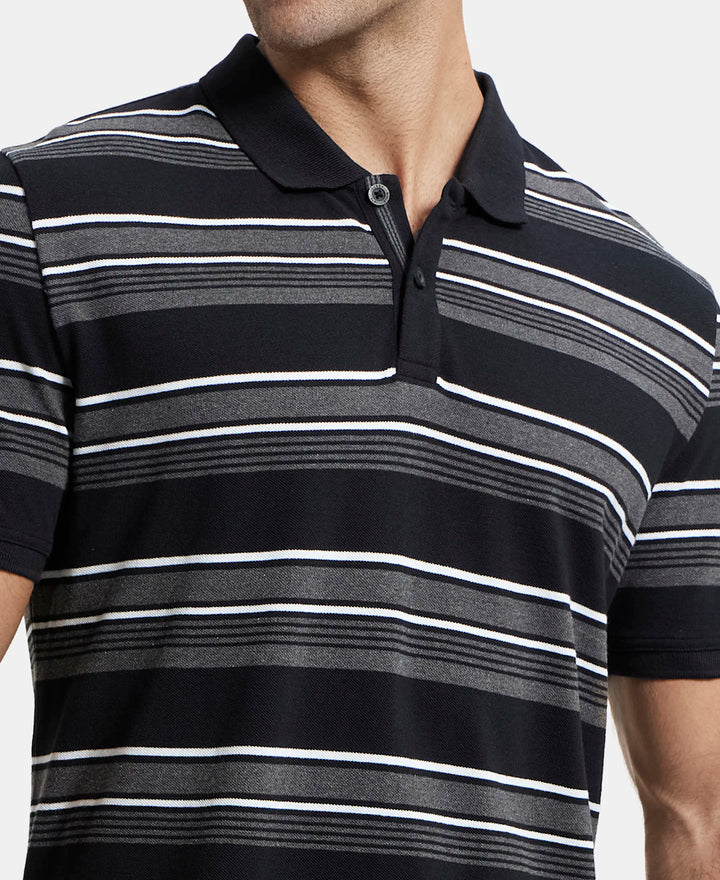Super Combed Cotton Rich Striped Polo T-Shirt - Black & Charcoal Melange-7
