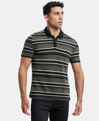 Super Combed Cotton Rich Striped Polo T-Shirt - Black & Deep Olive-1