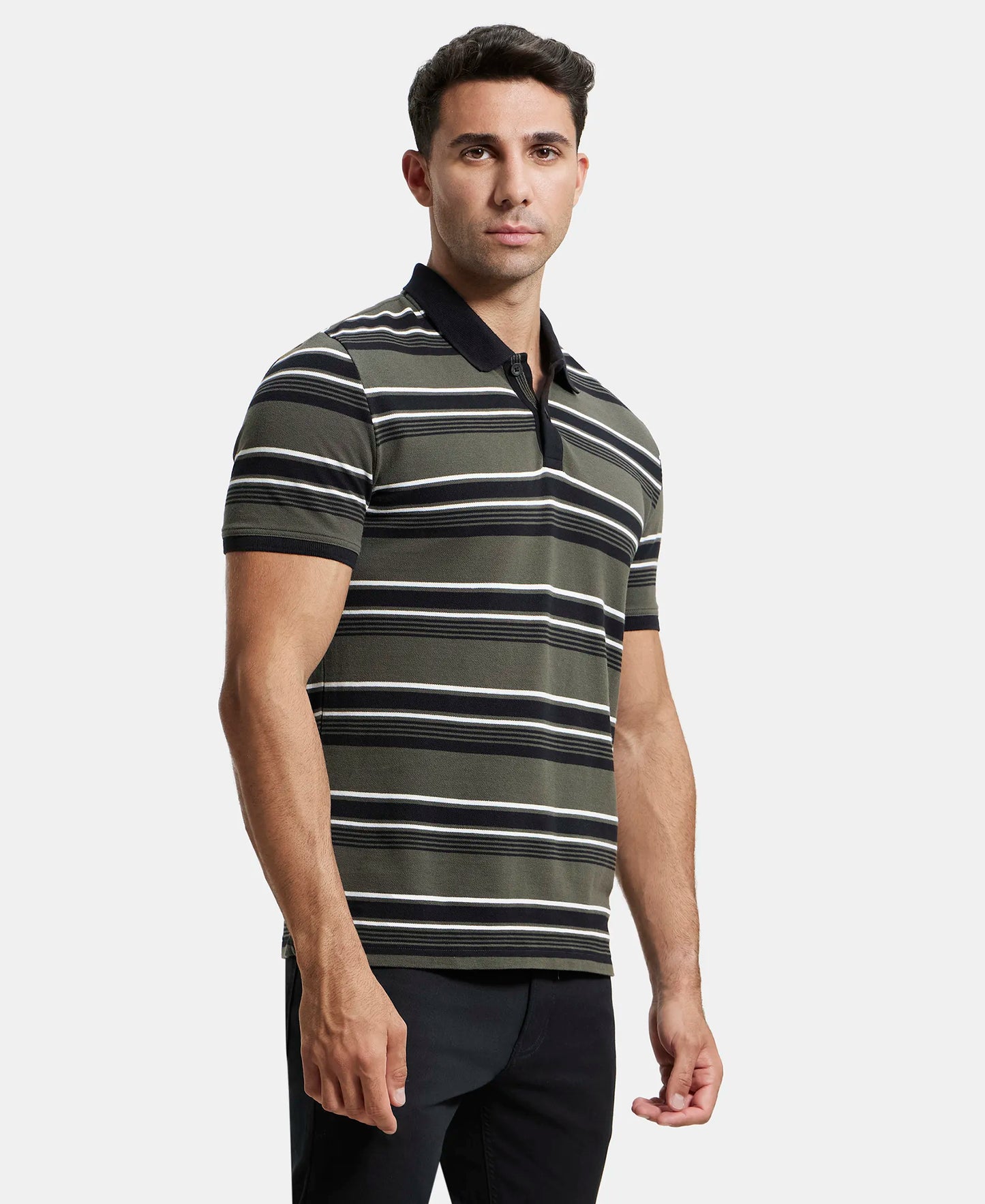 Super Combed Cotton Rich Striped Polo T-Shirt - Black & Deep Olive-2