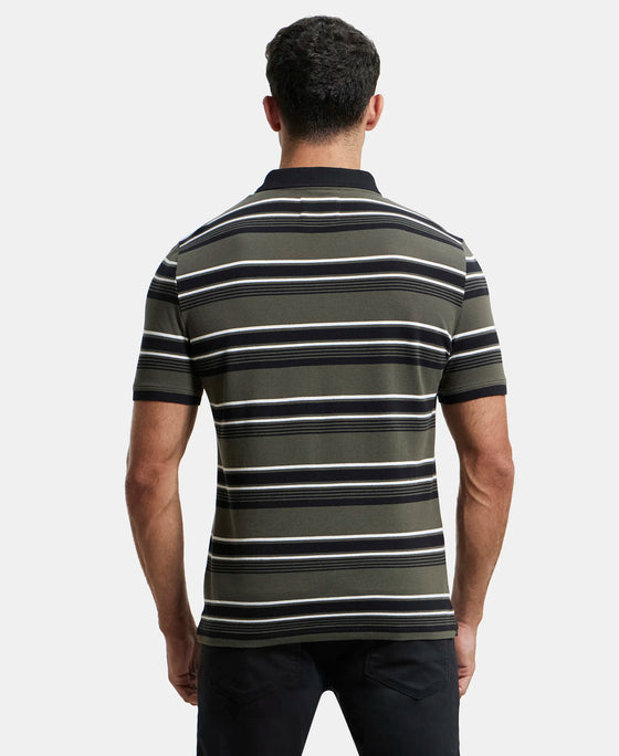 Super Combed Cotton Rich Striped Polo T-Shirt - Black & Deep Olive-3