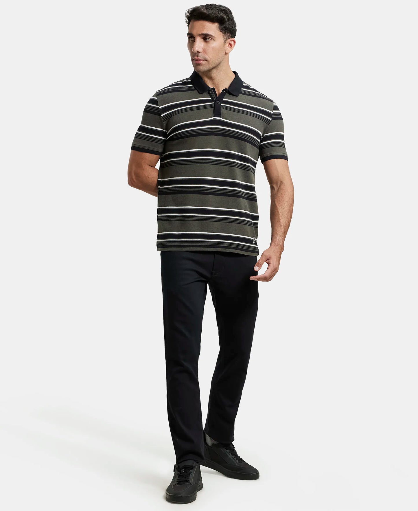 Super Combed Cotton Rich Striped Polo T-Shirt - Black & Deep Olive-4