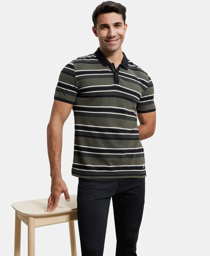 Super Combed Cotton Rich Striped Polo T-Shirt - Black & Deep Olive-5