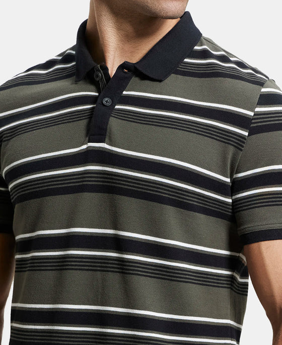 Super Combed Cotton Rich Striped Polo T-Shirt - Black & Deep Olive-7