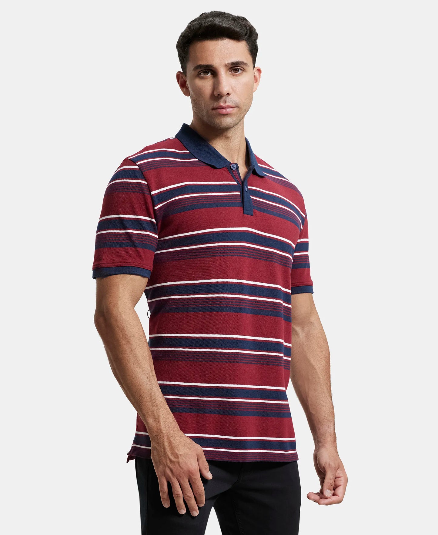 Super Combed Cotton Rich Striped Polo T-Shirt - Deep Red & Navy-2