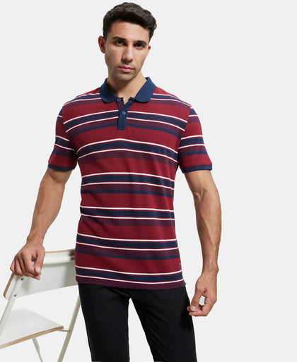 Super Combed Cotton Rich Striped Polo T-Shirt - Deep Red & Navy-5