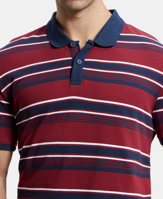 Super Combed Cotton Rich Striped Polo T-Shirt - Deep Red & Navy-7