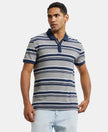 Super Combed Cotton Rich Striped Polo T-Shirt - Grey Melange & Navy-1