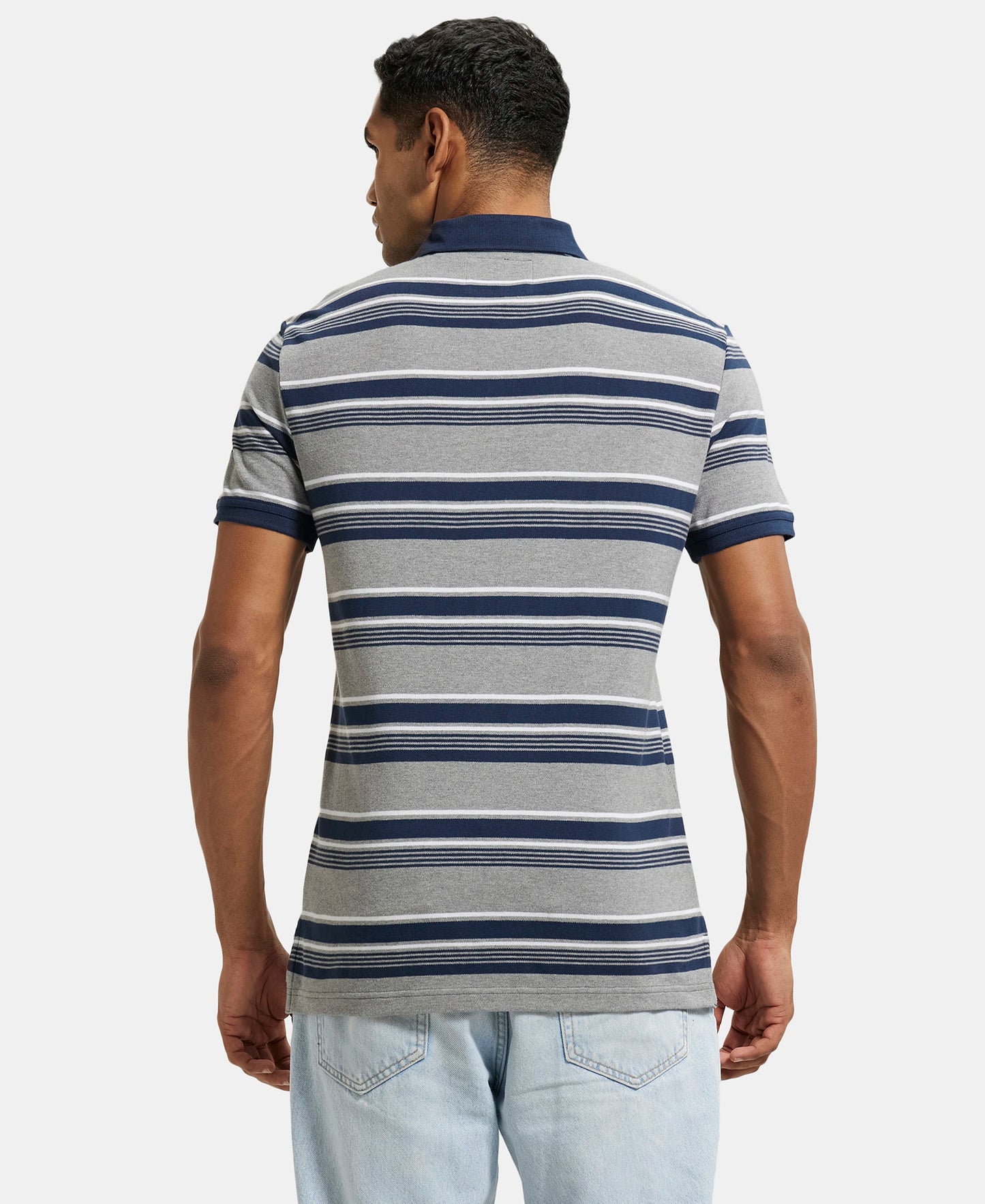 Super Combed Cotton Rich Striped Polo T-Shirt - Grey Melange & Navy-2