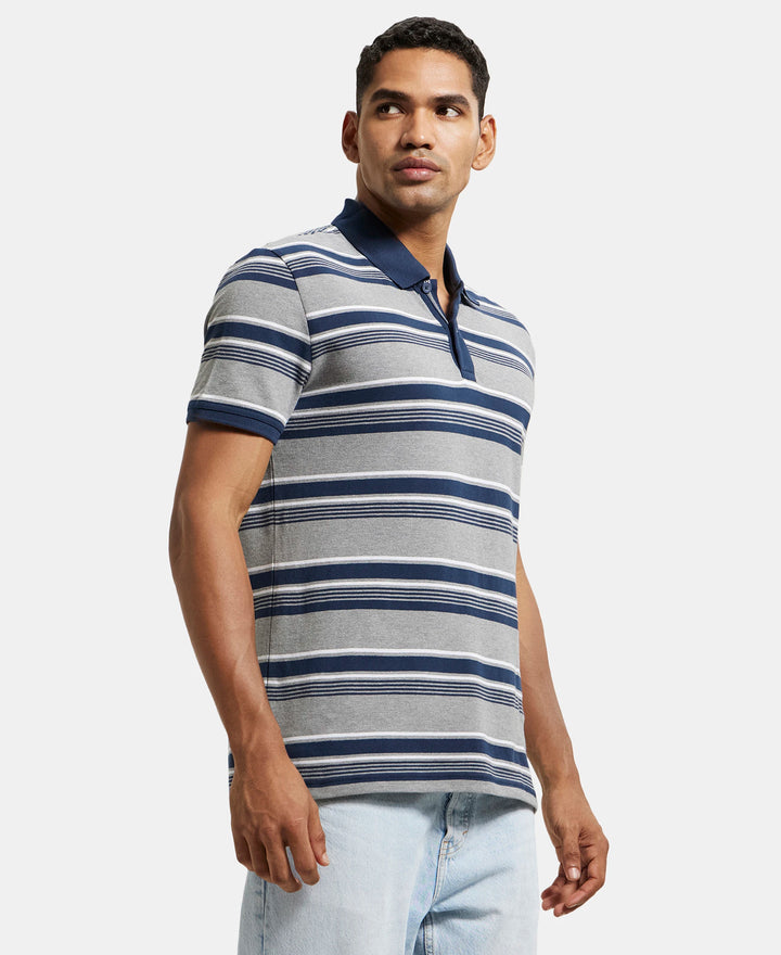 Super Combed Cotton Rich Striped Polo T-Shirt - Grey Melange & Navy-3