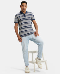 Super Combed Cotton Rich Striped Polo T-Shirt - Grey Melange & Navy-4