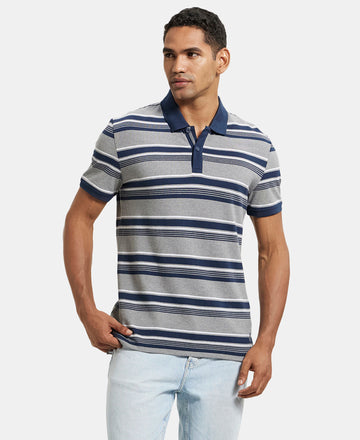 Super Combed Cotton Rich Striped Polo T-Shirt - Grey Melange & Navy-5