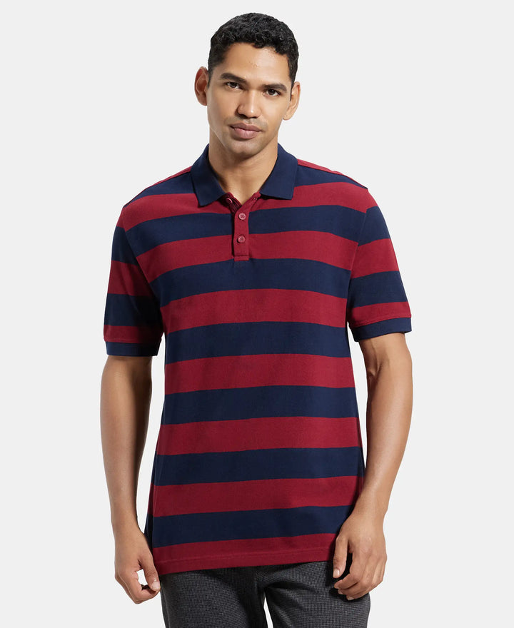 Super Combed Cotton Rich Striped Polo T-Shirt - Navy & Deep Red-1