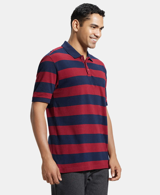 Super Combed Cotton Rich Striped Polo T-Shirt - Navy & Deep Red-2