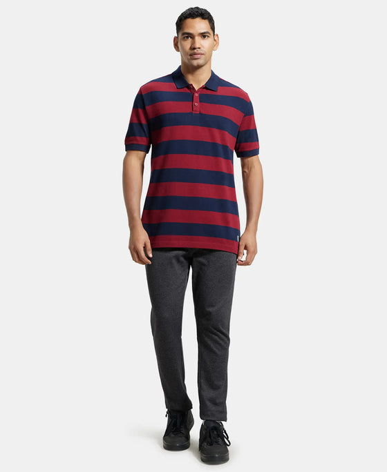 Super Combed Cotton Rich Striped Polo T-Shirt - Navy & Deep Red-4