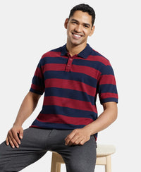 Super Combed Cotton Rich Striped Polo T-Shirt - Navy & Deep Red-5