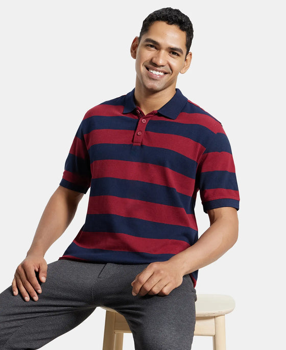 Super Combed Cotton Rich Striped Polo T-Shirt - Navy & Deep Red-5