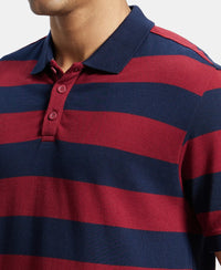Super Combed Cotton Rich Striped Polo T-Shirt - Navy & Deep Red-6