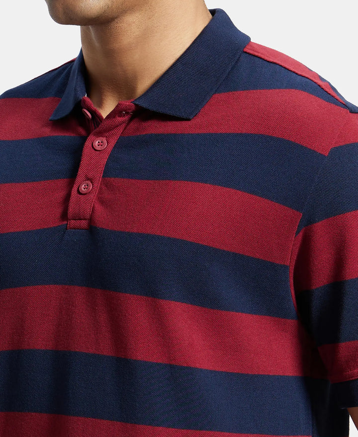 Super Combed Cotton Rich Striped Polo T-Shirt - Navy & Deep Red-6