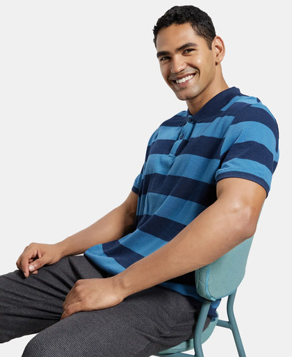 Super Combed Cotton Rich Striped Polo T-Shirt - Stellar & Navy-5