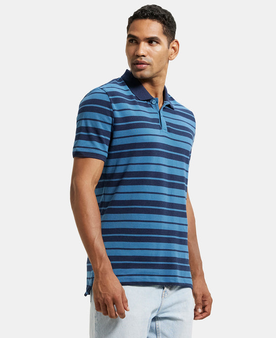 Super Combed Cotton Rich Striped Polo T-Shirt - Stellar & Navy Melange-2