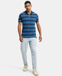 Super Combed Cotton Rich Striped Polo T-Shirt - Stellar & Navy Melange-4