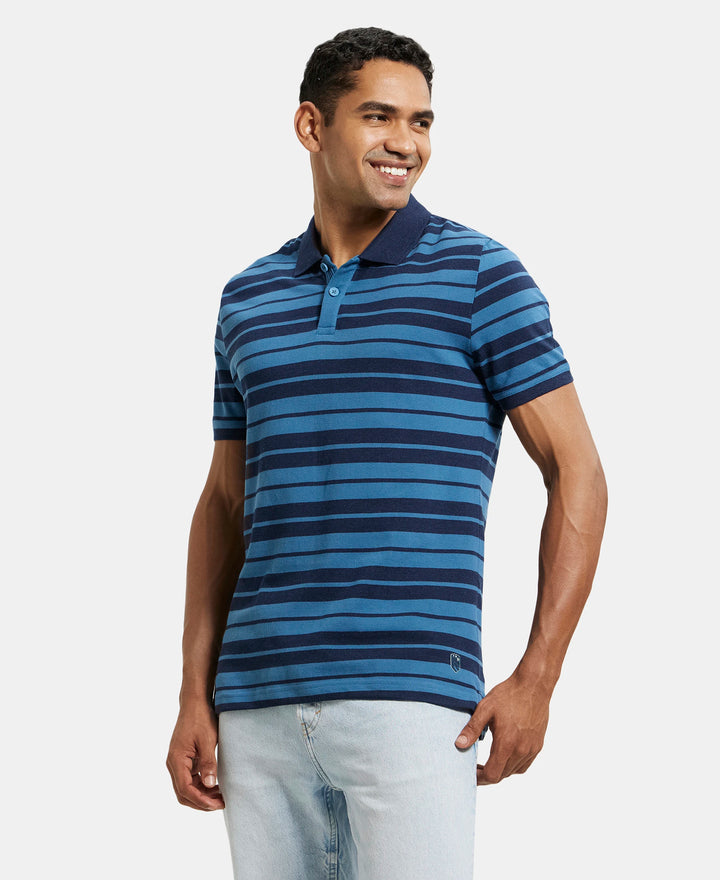 Super Combed Cotton Rich Striped Polo T-Shirt - Stellar & Navy Melange-5