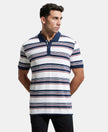 Super Combed Cotton Rich Striped Polo T-Shirt - White & Navy-1