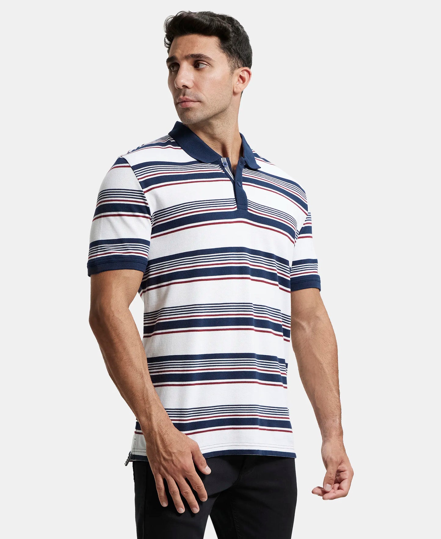 Super Combed Cotton Rich Striped Polo T-Shirt - White & Navy-2