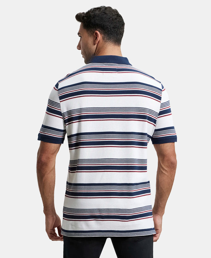 Super Combed Cotton Rich Striped Polo T-Shirt - White & Navy-3