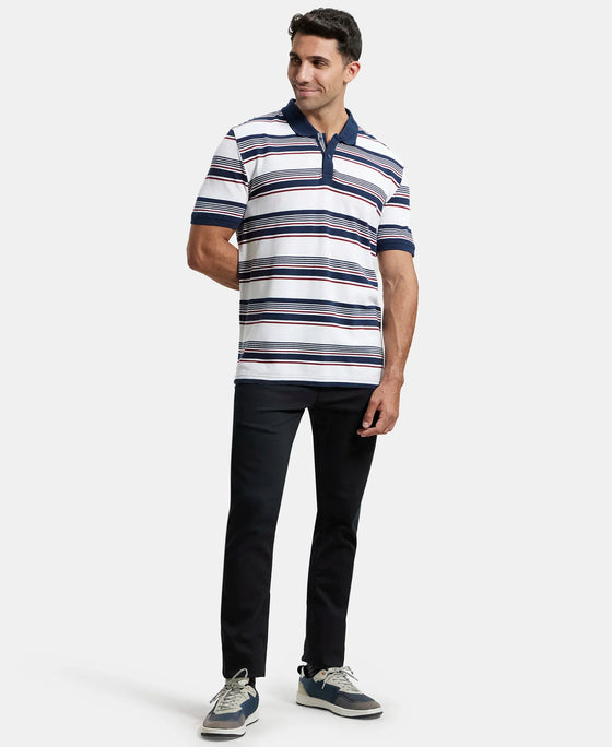 Super Combed Cotton Rich Striped Polo T-Shirt - White & Navy-4