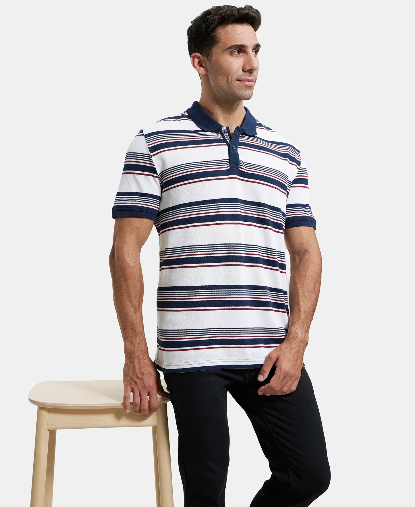 Super Combed Cotton Rich Striped Polo T-Shirt - White & Navy-5